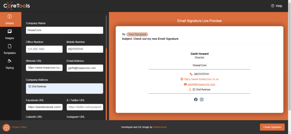 Email Signature Generator Step 1 - Personal Details