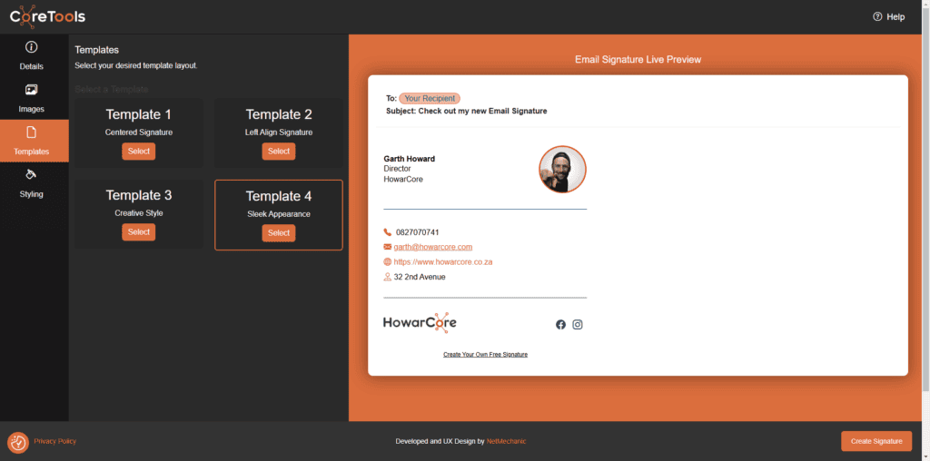 Signature Generator Step 3 - Select a template